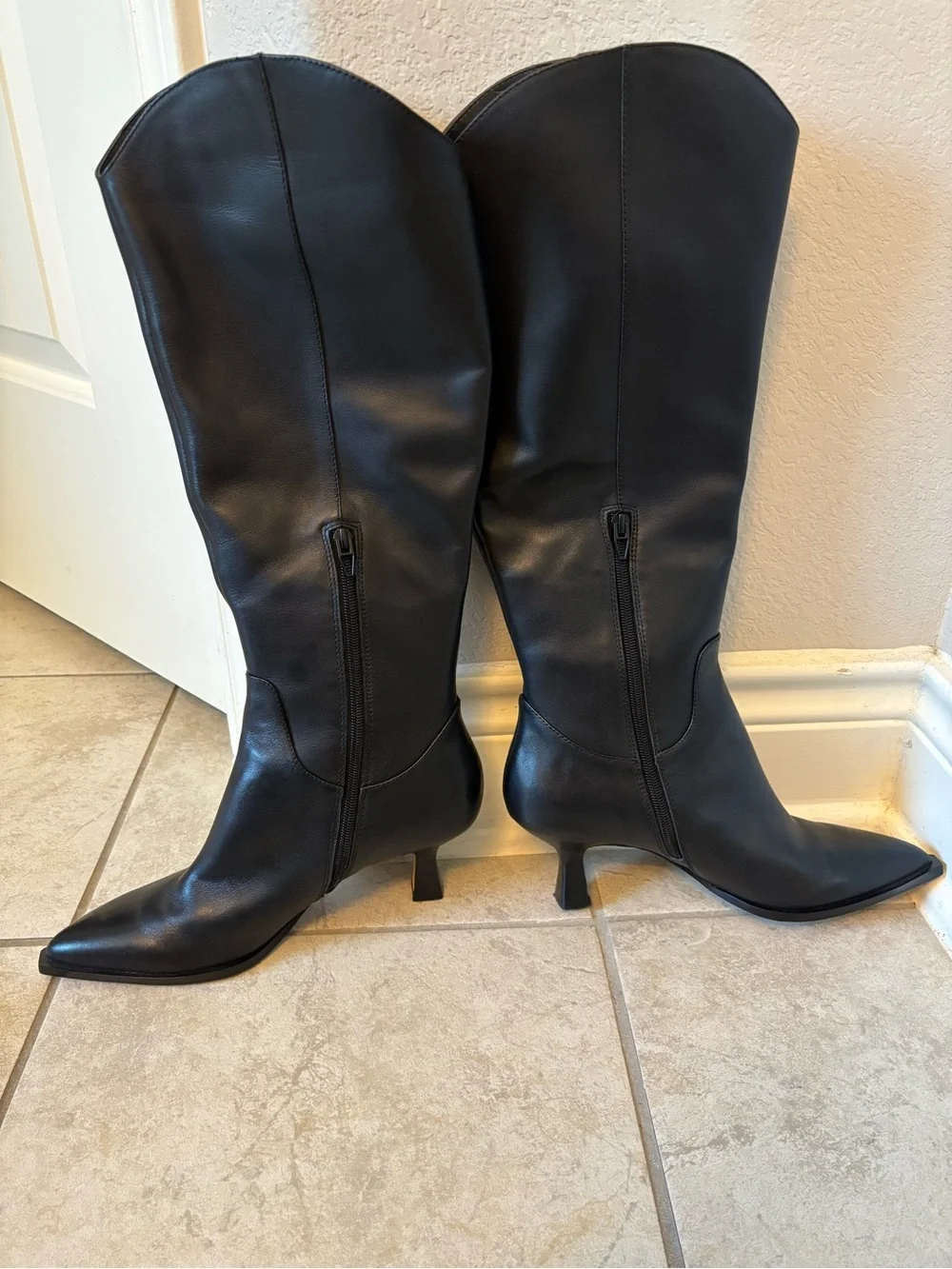 Dolce Vita Black Leather Knee-High Pointed-Toe Heeled Boots